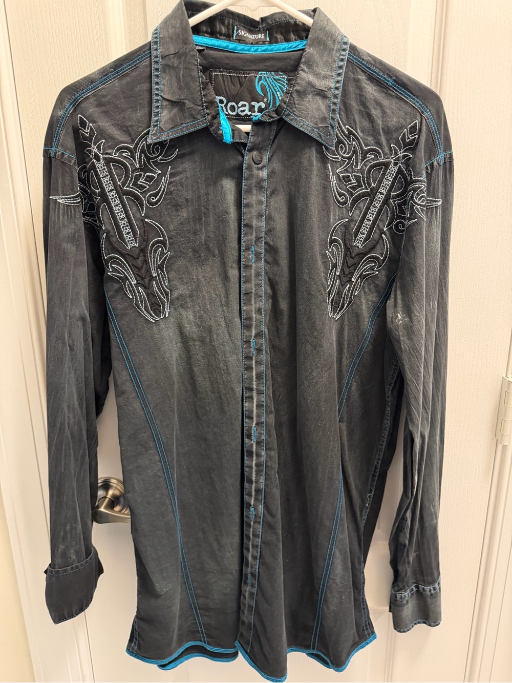 Roar Men's Black Shirt with Blue Contrast Stitching & Embroidered Chest Motifs